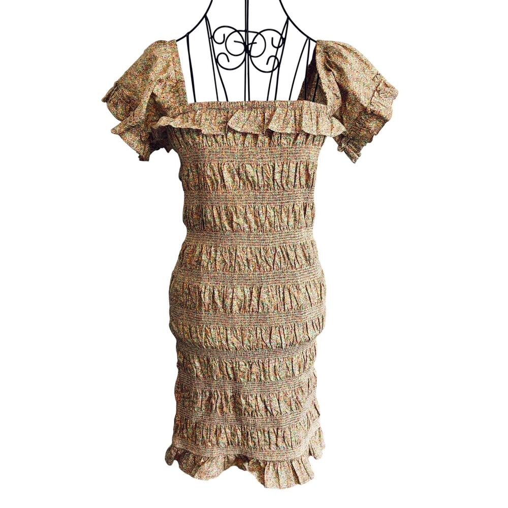 Storia Cottage Floral Smocked Ruffled Dress Bodycon Fairy Boho Romantic S